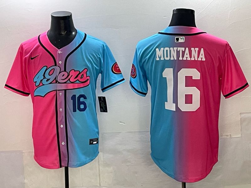 Men 2025 San Francisco 49ers 16 Montana Pink Blue Nike Limited NFL Jersey 04